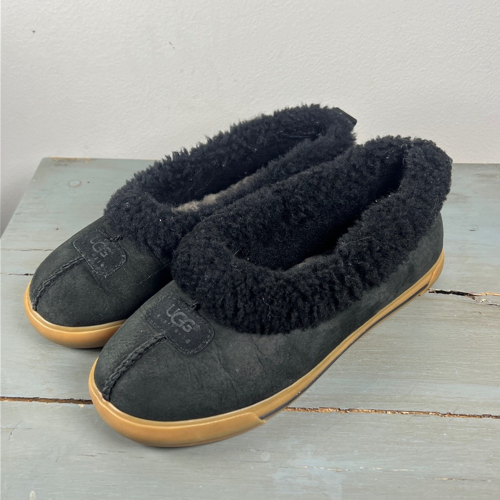 UGG Australia 1871 Black Suede Shearling Lined Slippers Womens 8 Gum Sole Shoes - Picture 11 of 12